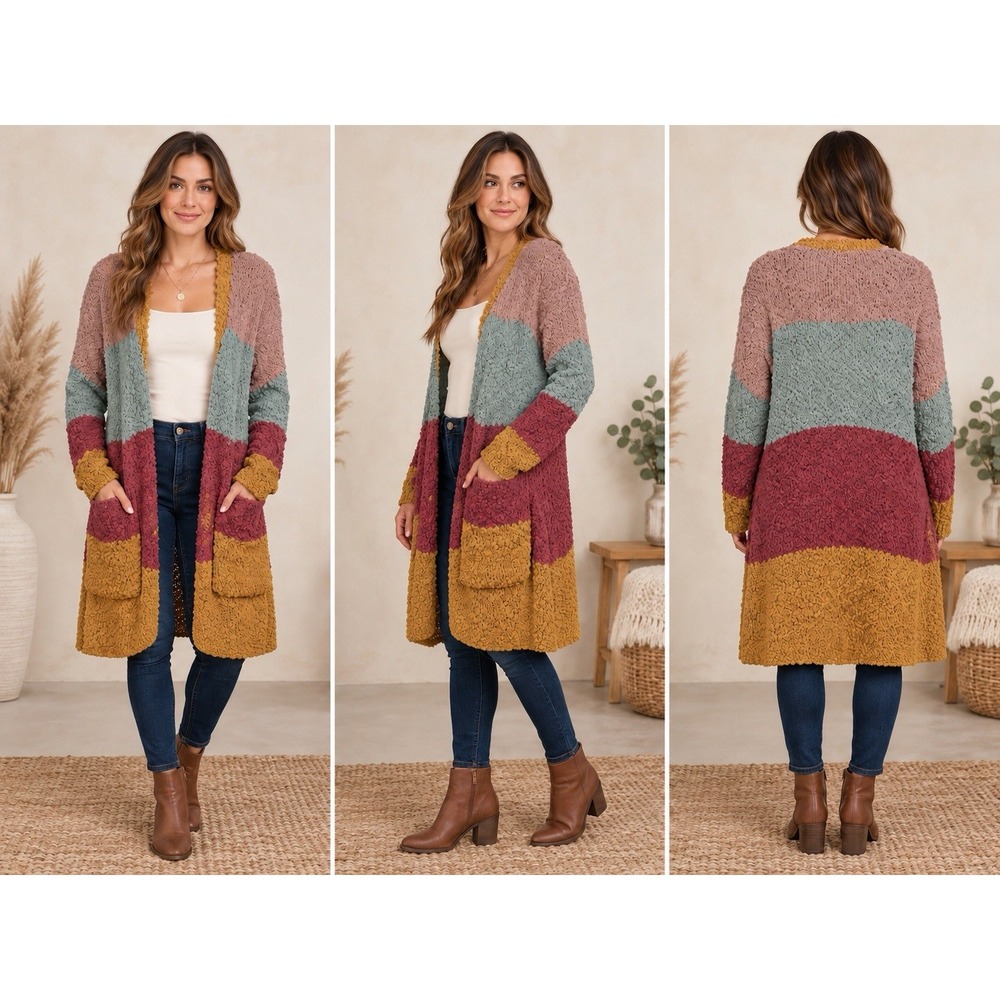 Hem & Thread Colorblock Duster Cardigan Pockets Popcorn Stitch Lagenlook